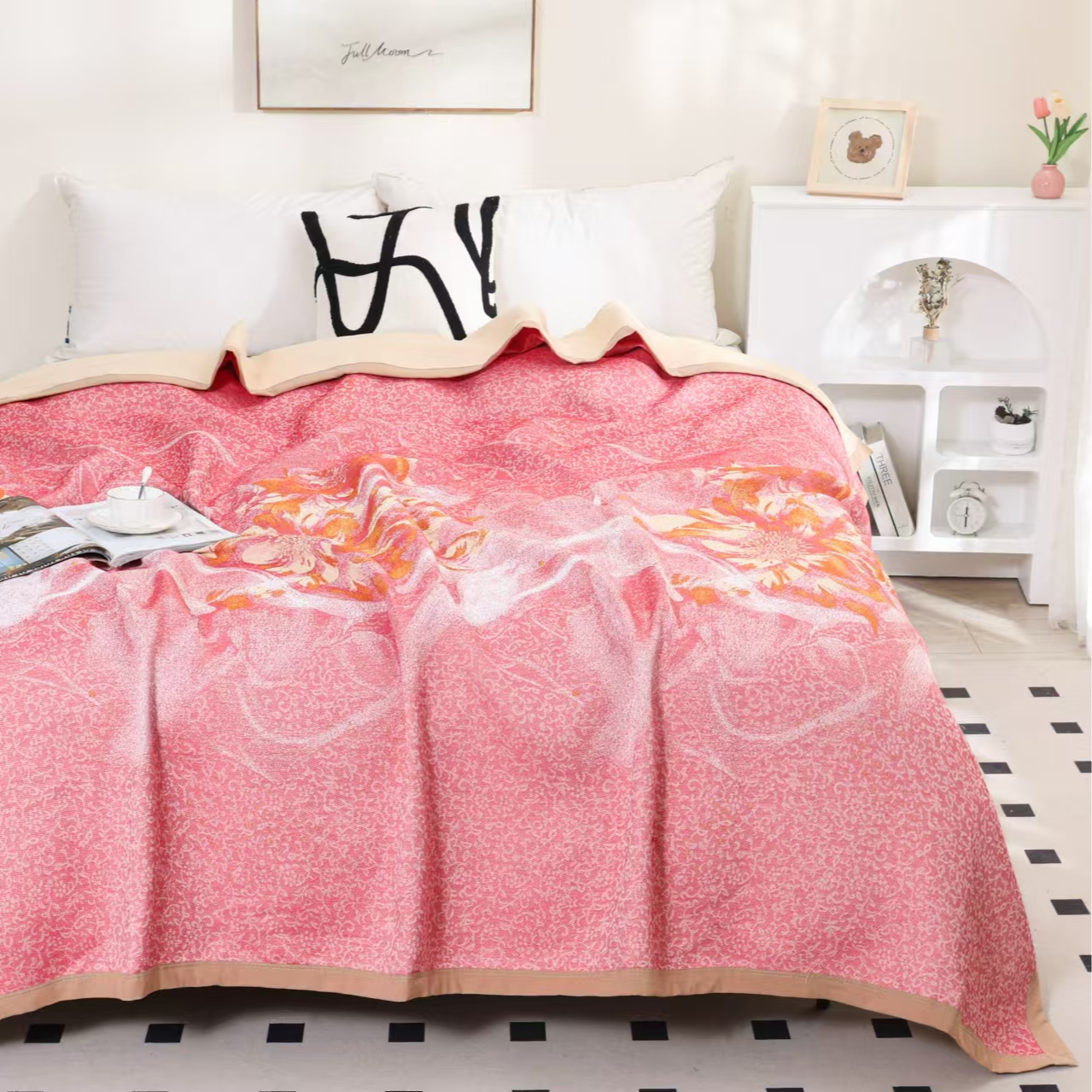 （卡尔加）240*250高端床品亲肤柔软高端大气时尚床盖粉色系