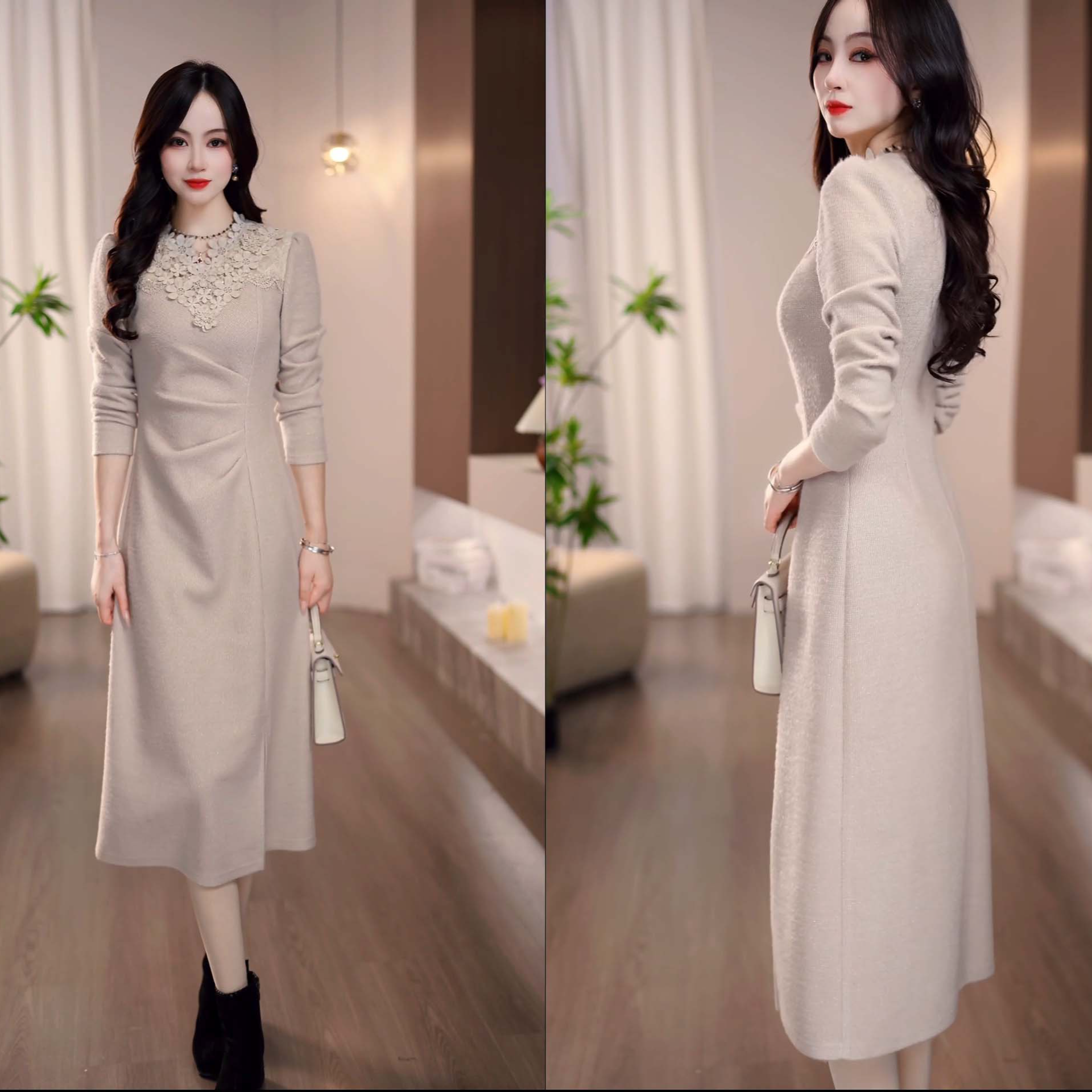 2025冬季新款米驼色不规则繁花设计优雅大气收腰显瘦连衣裙M-4XL