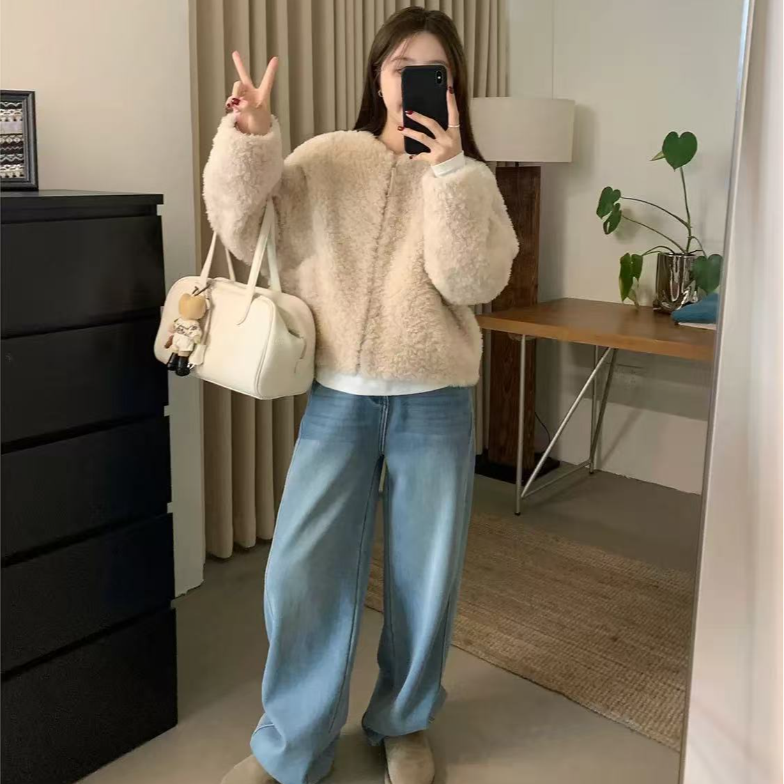 6801咖啡雪顶 极简拉链圆领短款仿羊羔毛外套