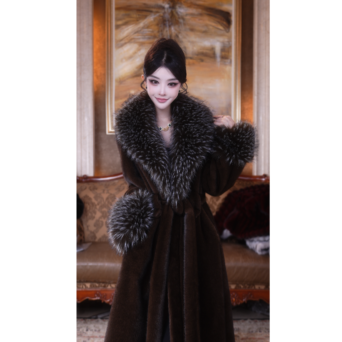 法式高奢气质秋冬新款咖色双色毛领毛毛外套