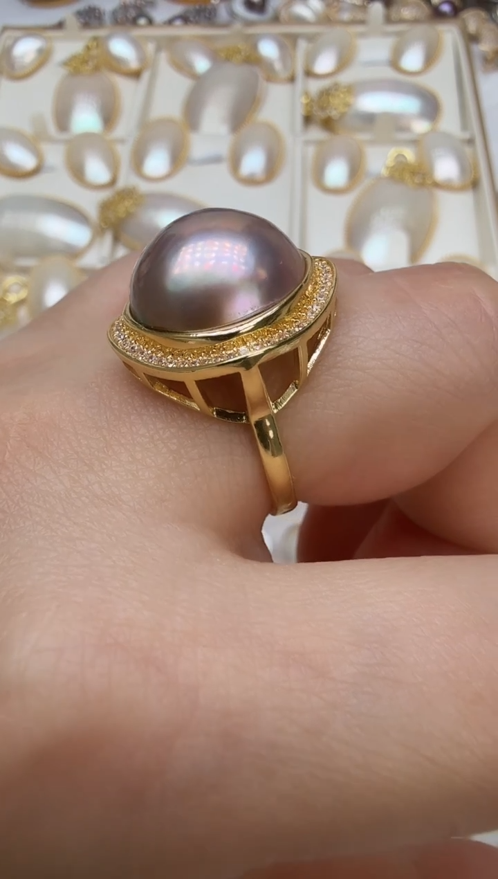未镶嵌戒圈拼合珍珠（马贝珠）洒金色戒指