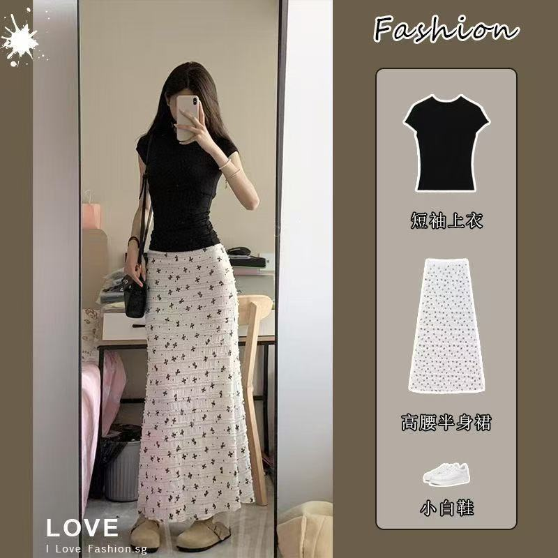 套装春夏新款修身短袖T正肩上衣高腰碎花鱼尾半身裙完美国际裙子