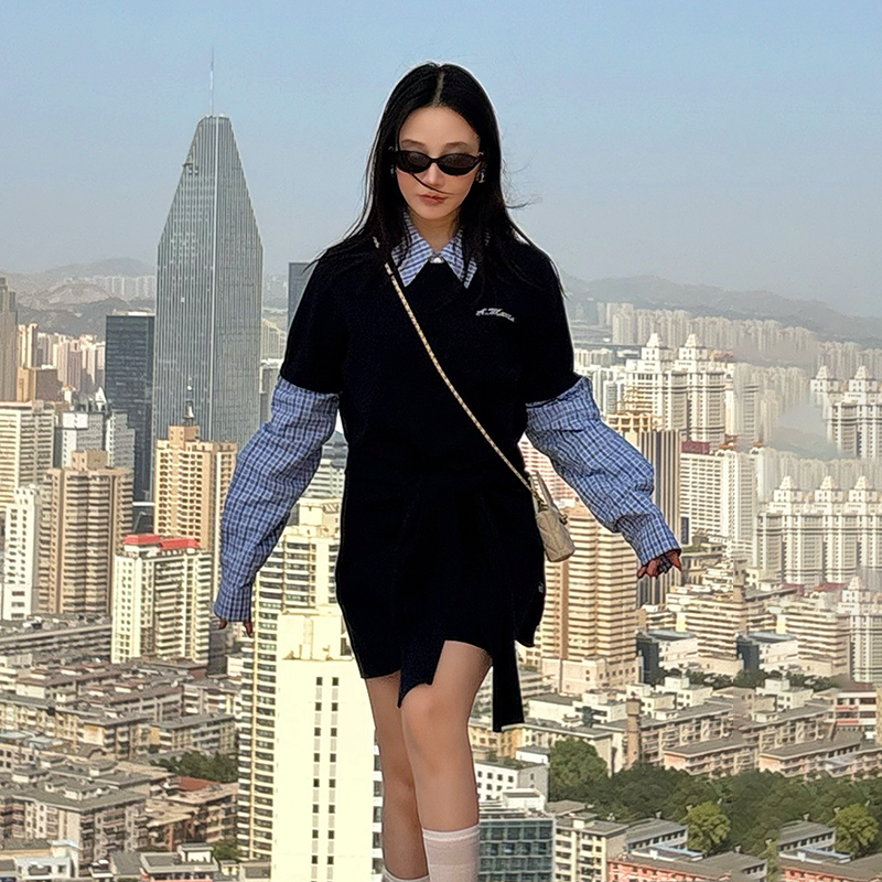 河岸家买手店Andrea Martin休闲拼接假两件针织连衣裙女25秋新款