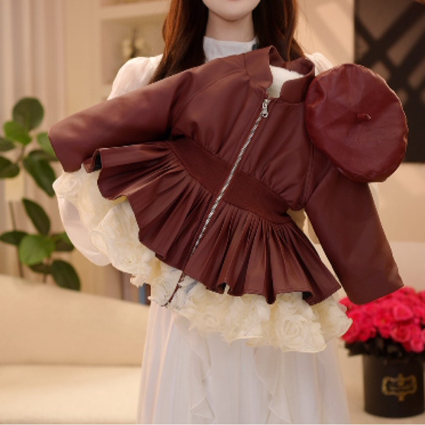 【洛】女童加绒加厚红色拼接蓬蓬纱收腰皮衣外套