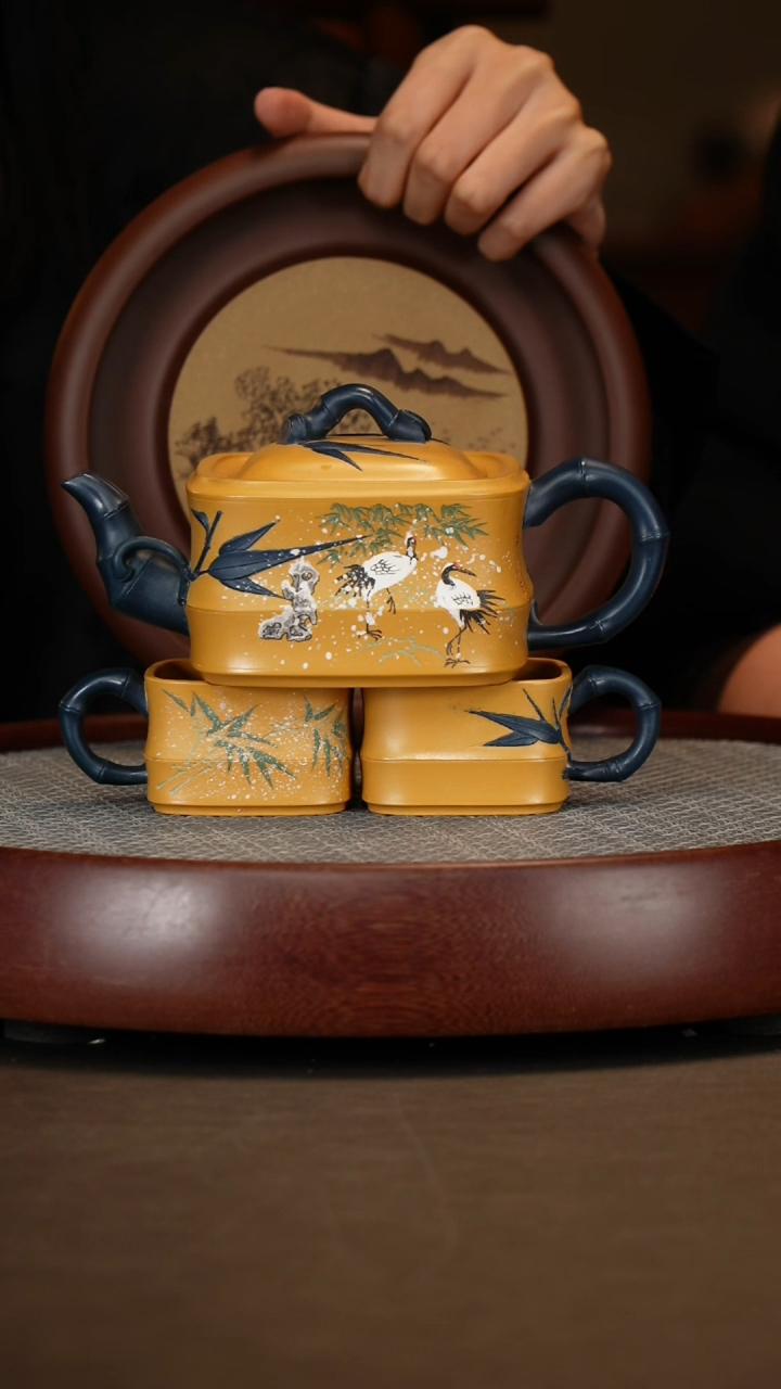 【闪购商品】紫砂茶壶可心一品竹段三财盖碗壶承两罐茶叶300c