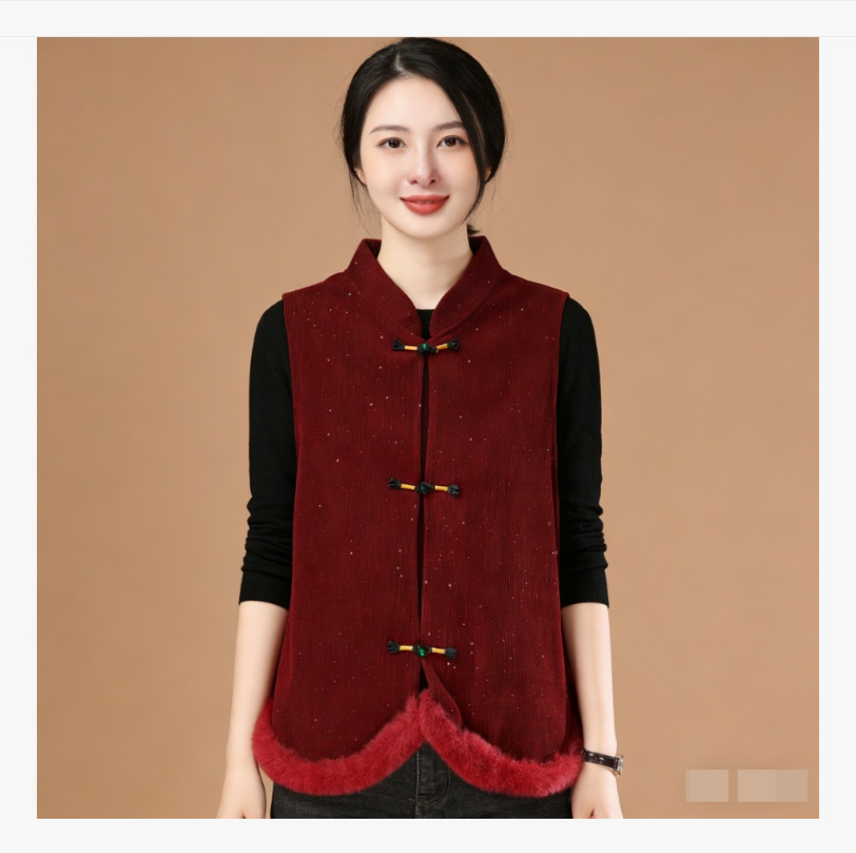 225-酒红闪闪灯芯绒立领盘扣无袖马甲上衣