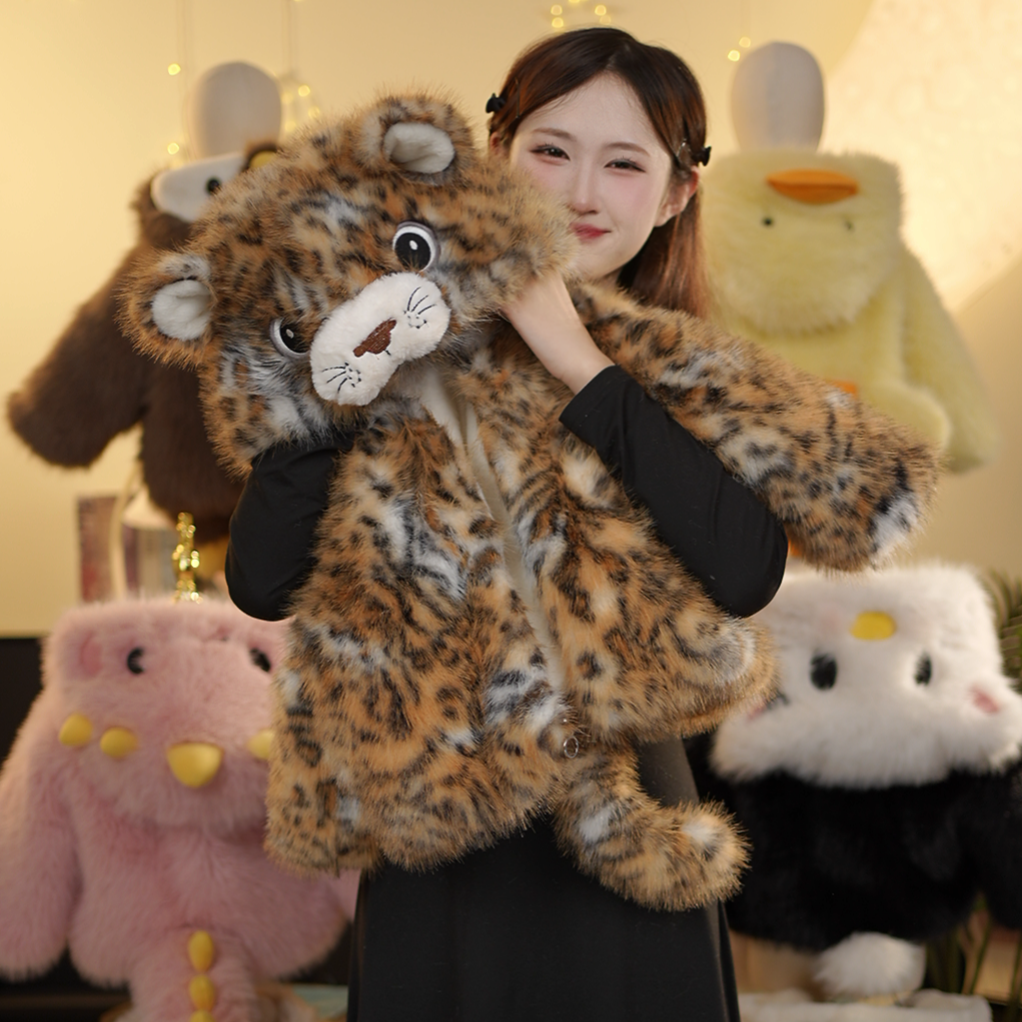 JM亲子男女童冬毛绒毛茸茸萌宝豹纹虎草草冬季保暖加厚外套