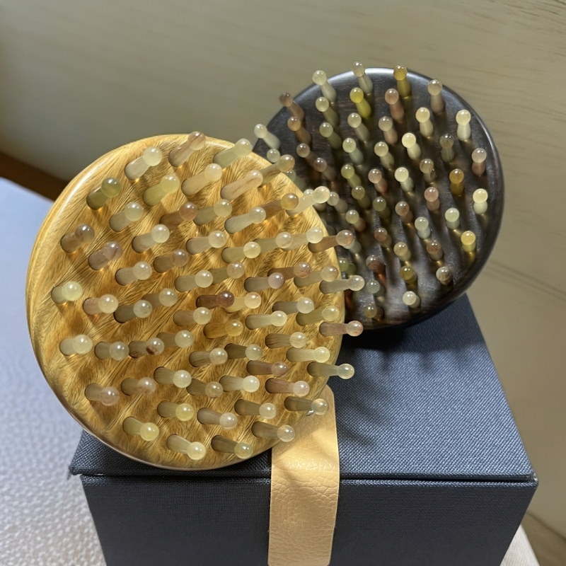 天然紫光檀绿檀木66齿羊角梳头疗疏通