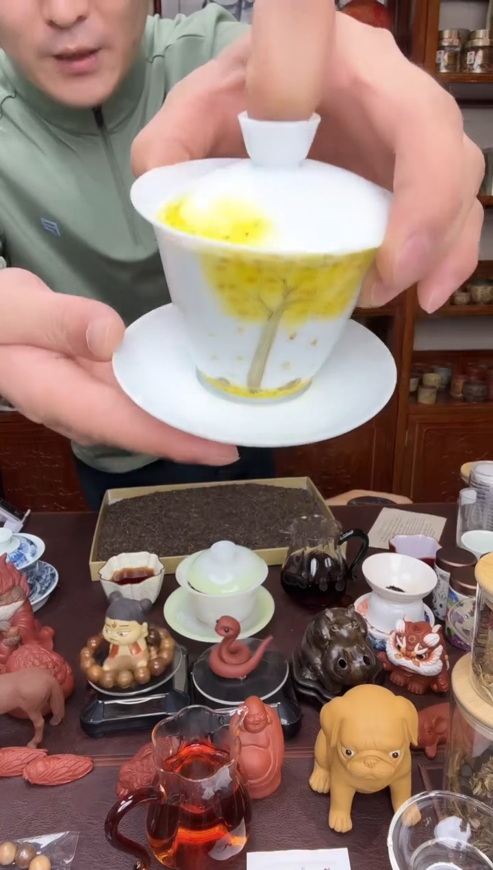 冰种璞玉盖碗手绘--金色树