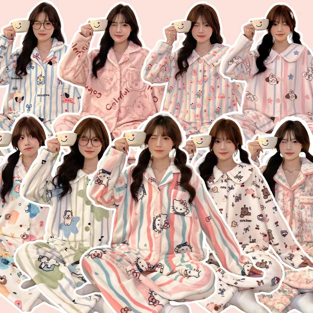 秋冬季睡衣女士保暖宽松黑色方格可外穿长袖长裤加厚家居服套装厚