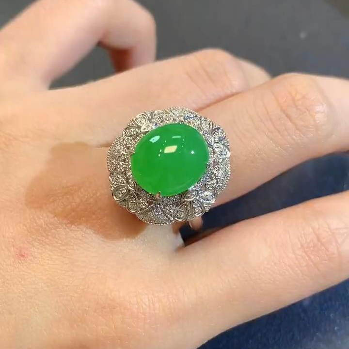 玥集珠宝 18K 翡翠绿蛋面戒指 多样性发货一件 JH