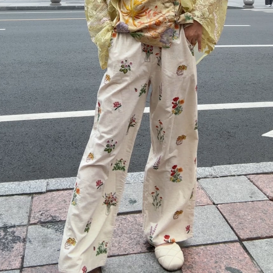 【芊颜家】”麻刺绣繁花“夏季新款新中式国风时尚裤子93827-10