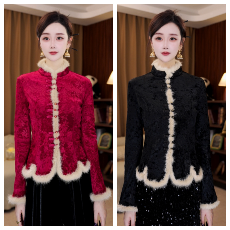 【云苏】新中式国风复古印花打底衫水貂毛拼接秋冬款保暖上衣F9982