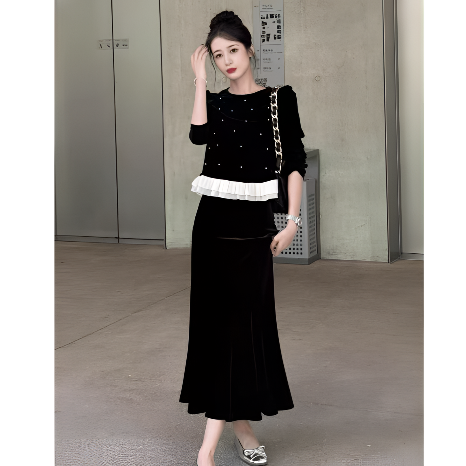 一整套早春穿搭小香风黑色拼接丝绒上衣半身裙盐系轻熟套装1021#
