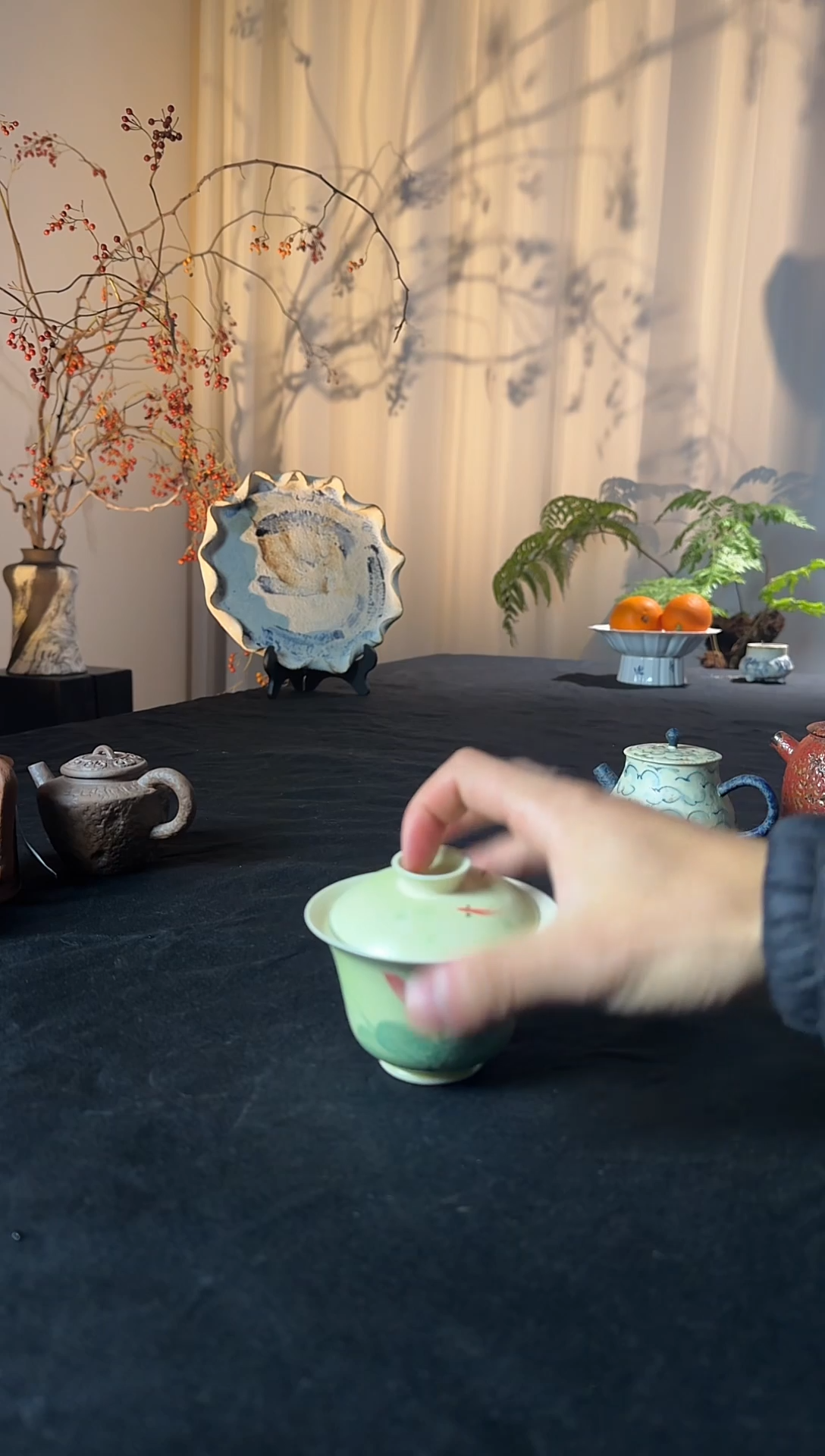 摆件陶油画红荷 两才盖碗 