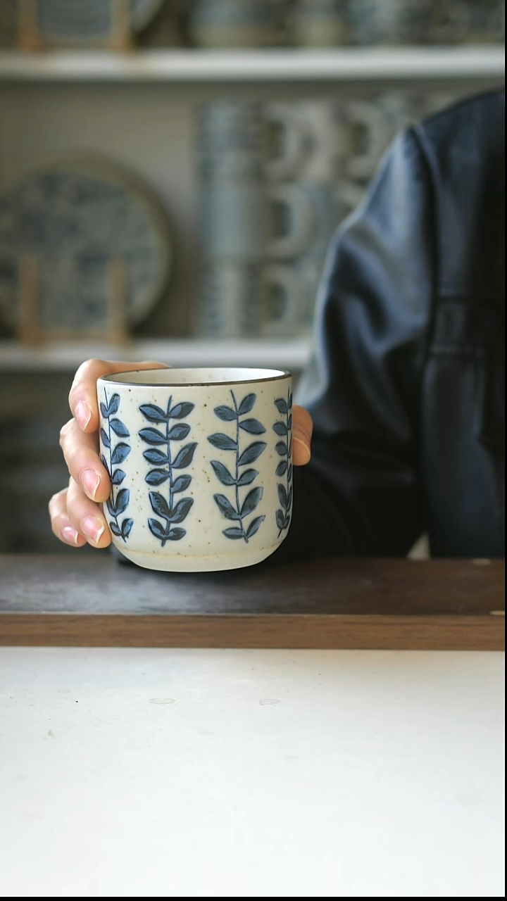 陶粗陶手绘藤蔓手握杯260ml@7-7@