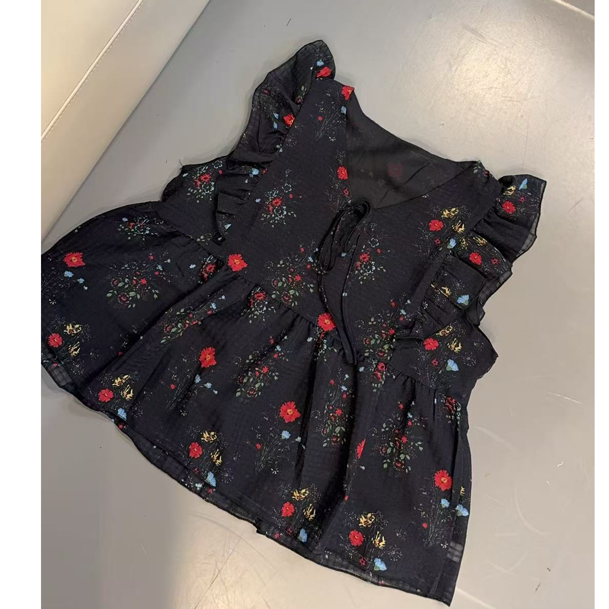 【文乐乐】夏季新款韩版洋气减龄花边款时尚休闲潮流碎花小衫2518