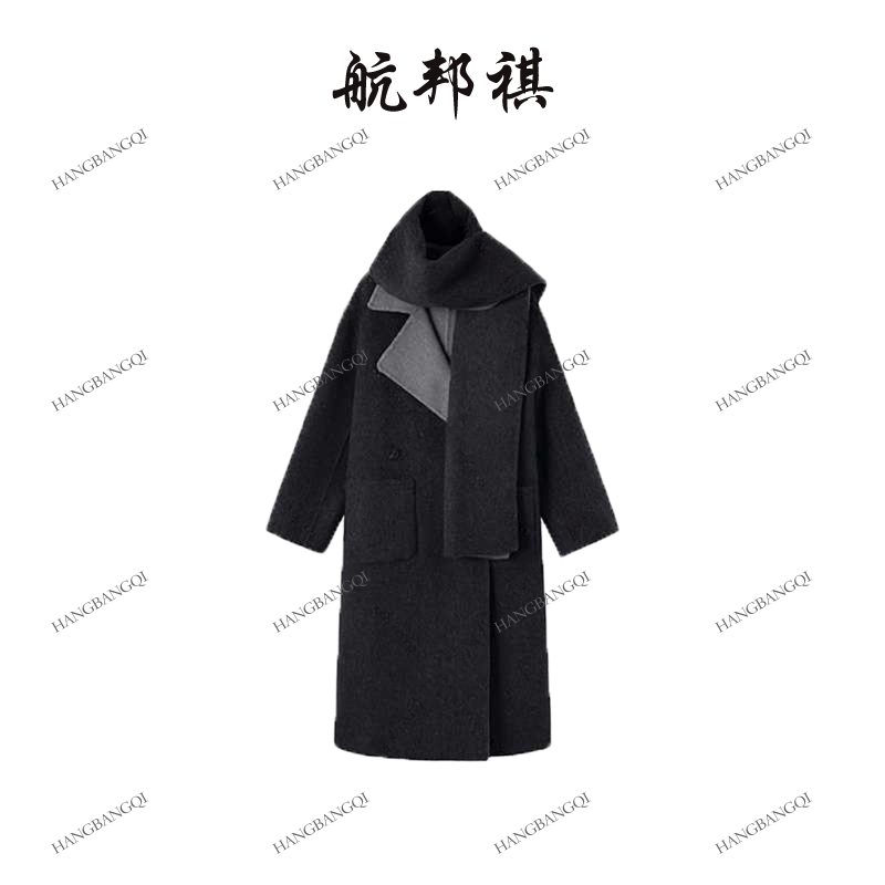 两面穿牛角扣双面中长款撞色毛呢外套BQM6505