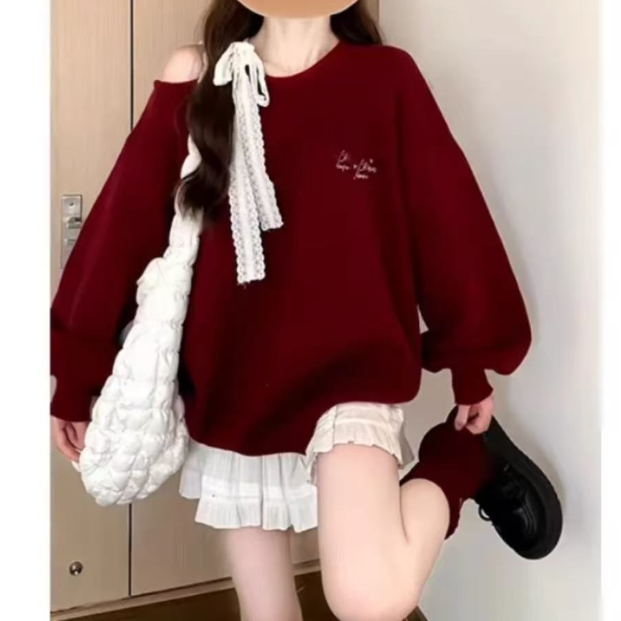 【高品质】大码针织拼蕾丝上衣宽松