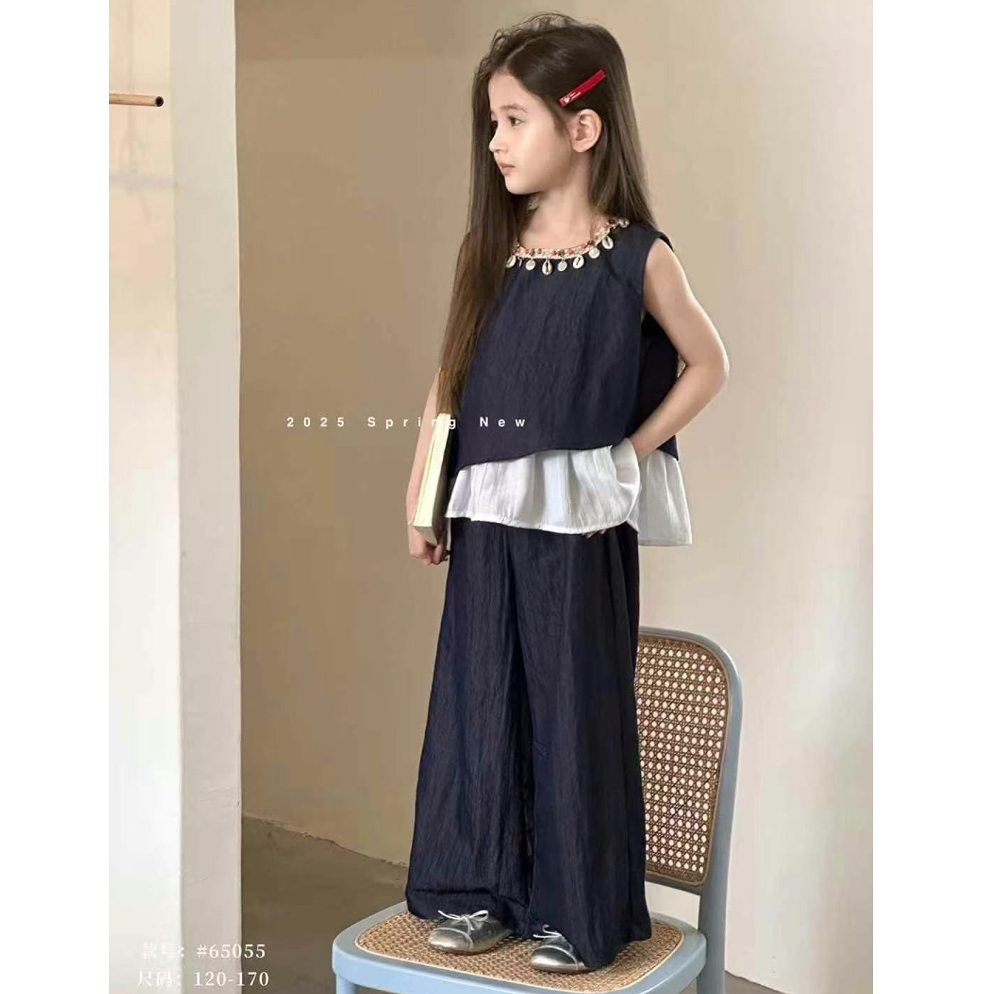 【豪宝贝】2025夏款圆片小贝壳项链设计牛仔套装5055