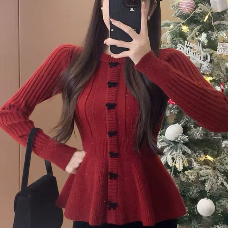 9270#针织长袖毛针织衫时尚亮闪针织衫红色设计感长袖