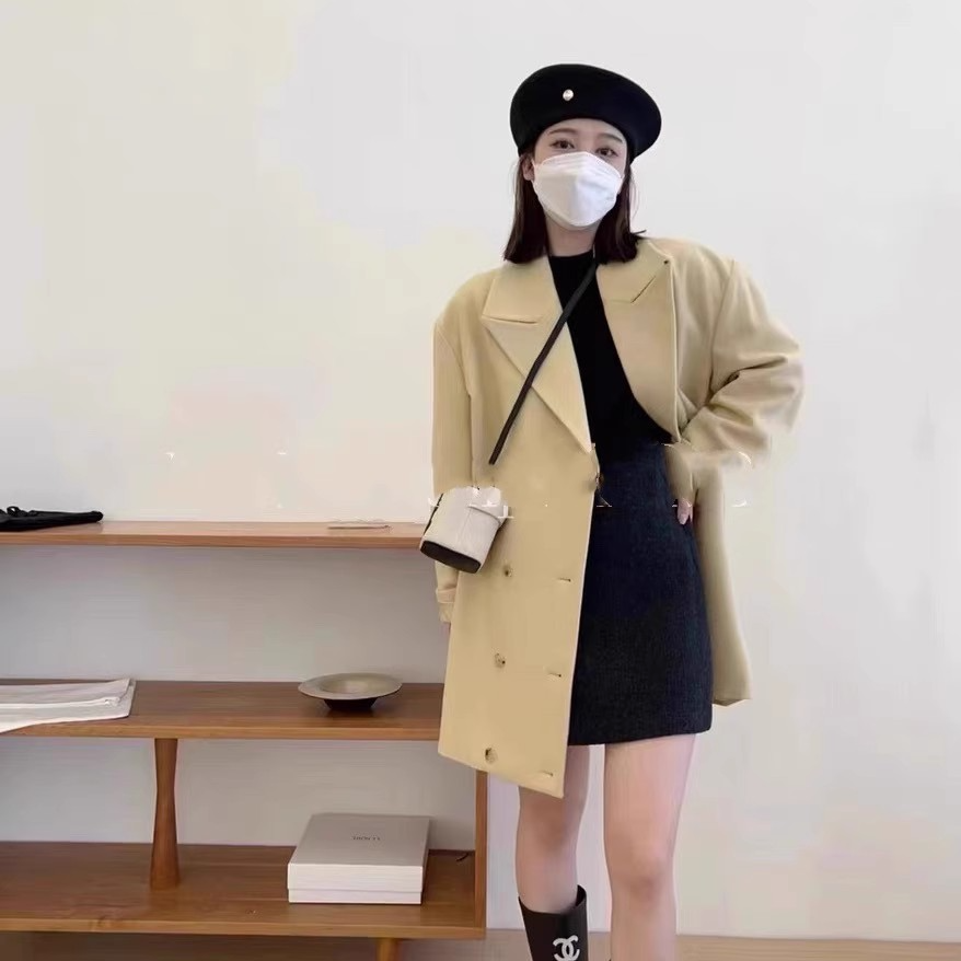 韩单 东大门休闲宽松版西装领双排扣羊毛大衣中长款减龄显瘦