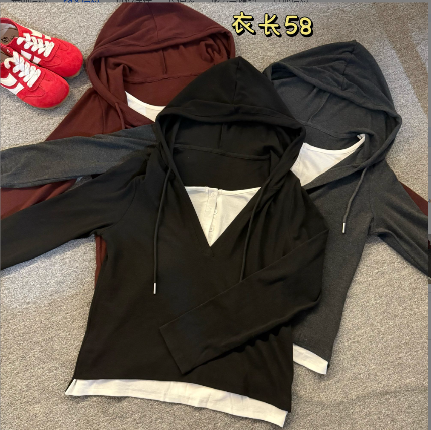 【志玲家】优选9139款设计感拼接撞色连帽假两件上衣
