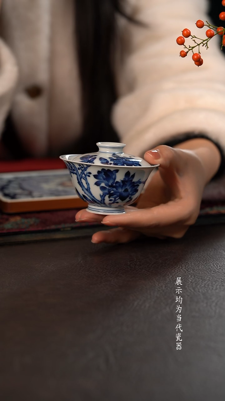 洪印慕明玉兰花小撇口盖碗