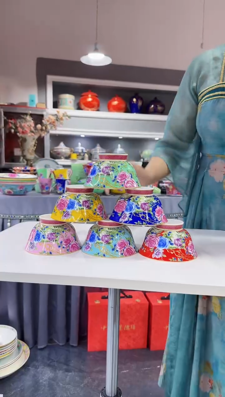 珐琅4.7英寸花口碗6个景德镇陶瓷混色