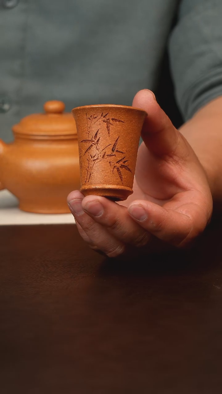 茶壶紫砂木*原矿紫砂刻竹子杯