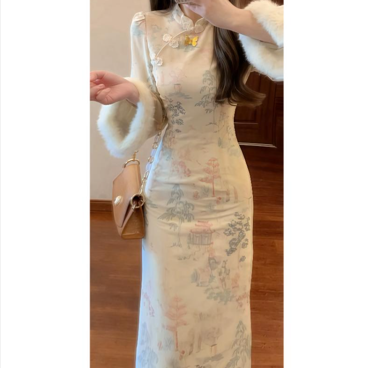 【C56】加绒新中式国风立领改良版旗袍2025年秋冬季新款连衣裙女