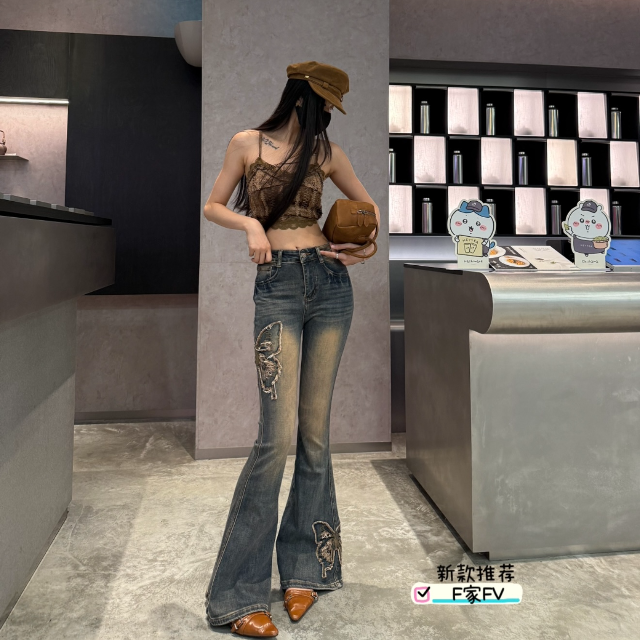 秋冬欧货新款喇叭裤休闲风拉链破洞高腰微喇叭显瘦直筒中腰牛仔裤