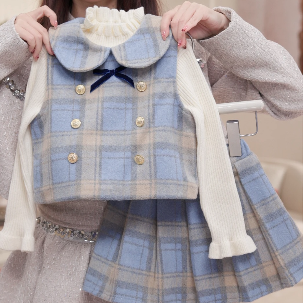 【海盐舒芙蕾】女童冬加绒加厚套装女孩学院风百褶裙两件套海盐色