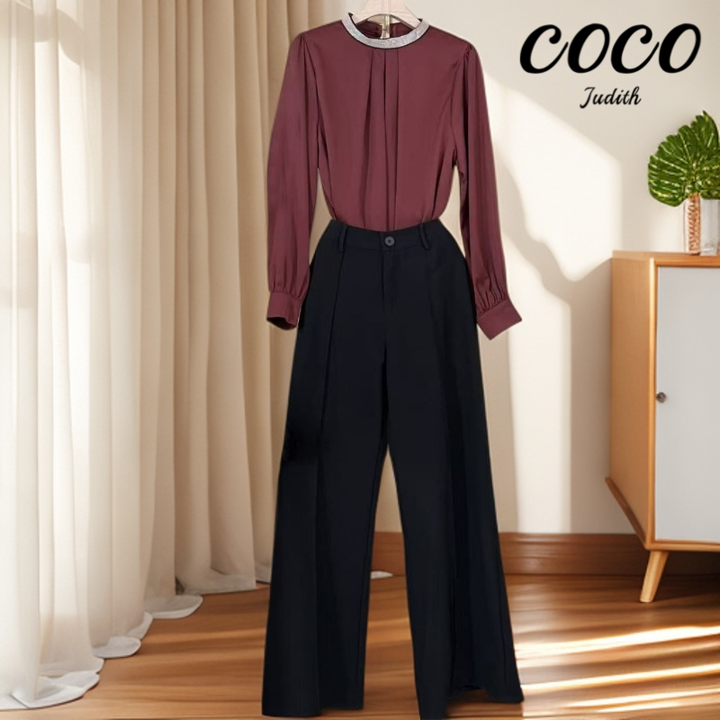 【两件套】2025秋季法式气质长袖上衣+休闲裤时尚套装M699