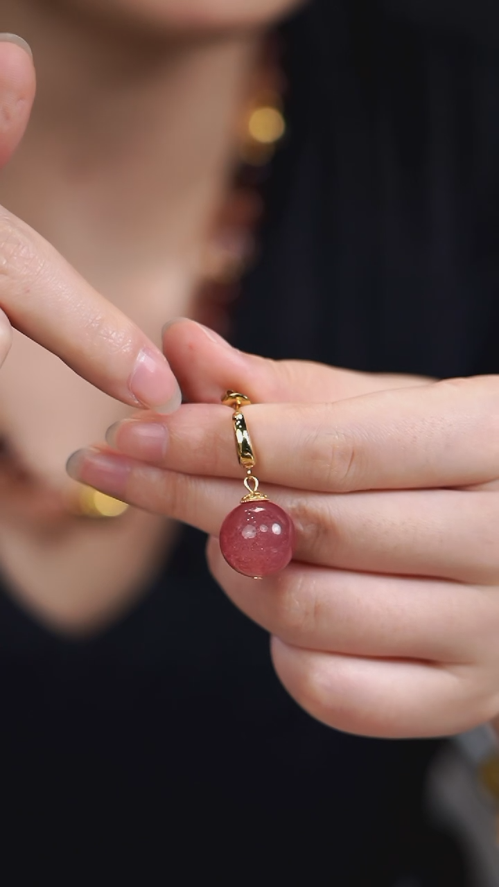 钛钢耳环水晶钛钢电镀24K金草莓晶耳坠