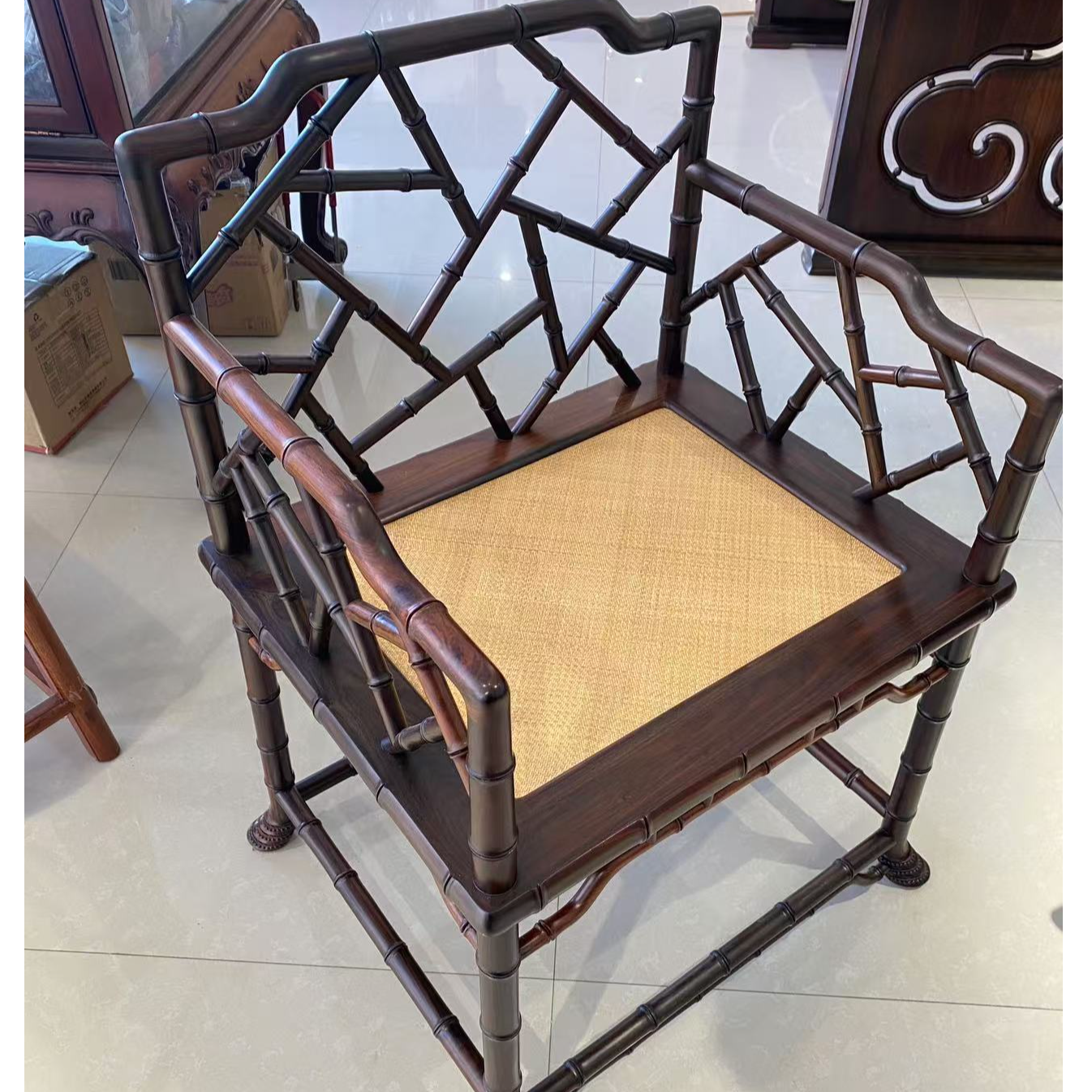 老挝大红酸枝冰裂纹竹节玫瑰椅