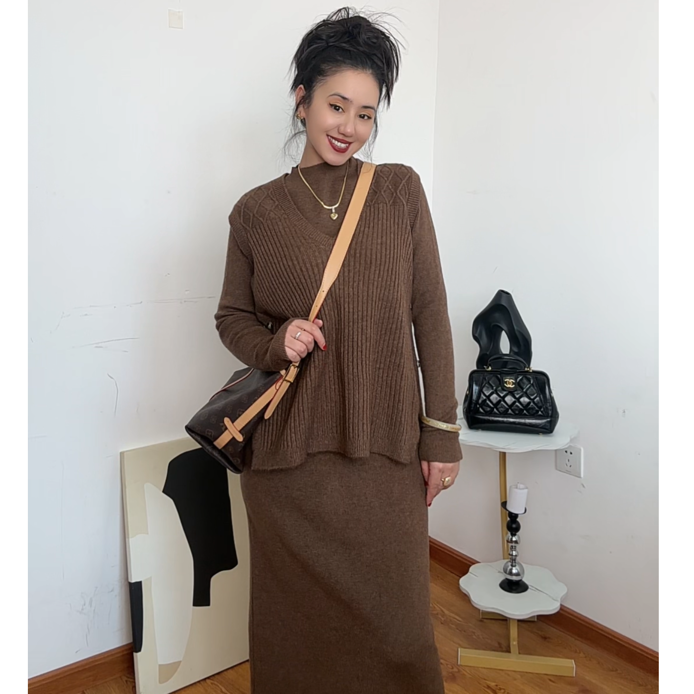 网红慵懒风时尚套装女 秋冬侧开叉纽扣针织衫+高腰垂感半身裙