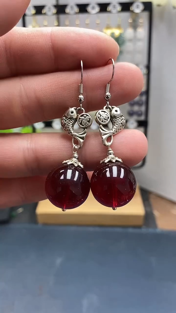 血珀银S925镶嵌耳饰尺寸18mmQ3