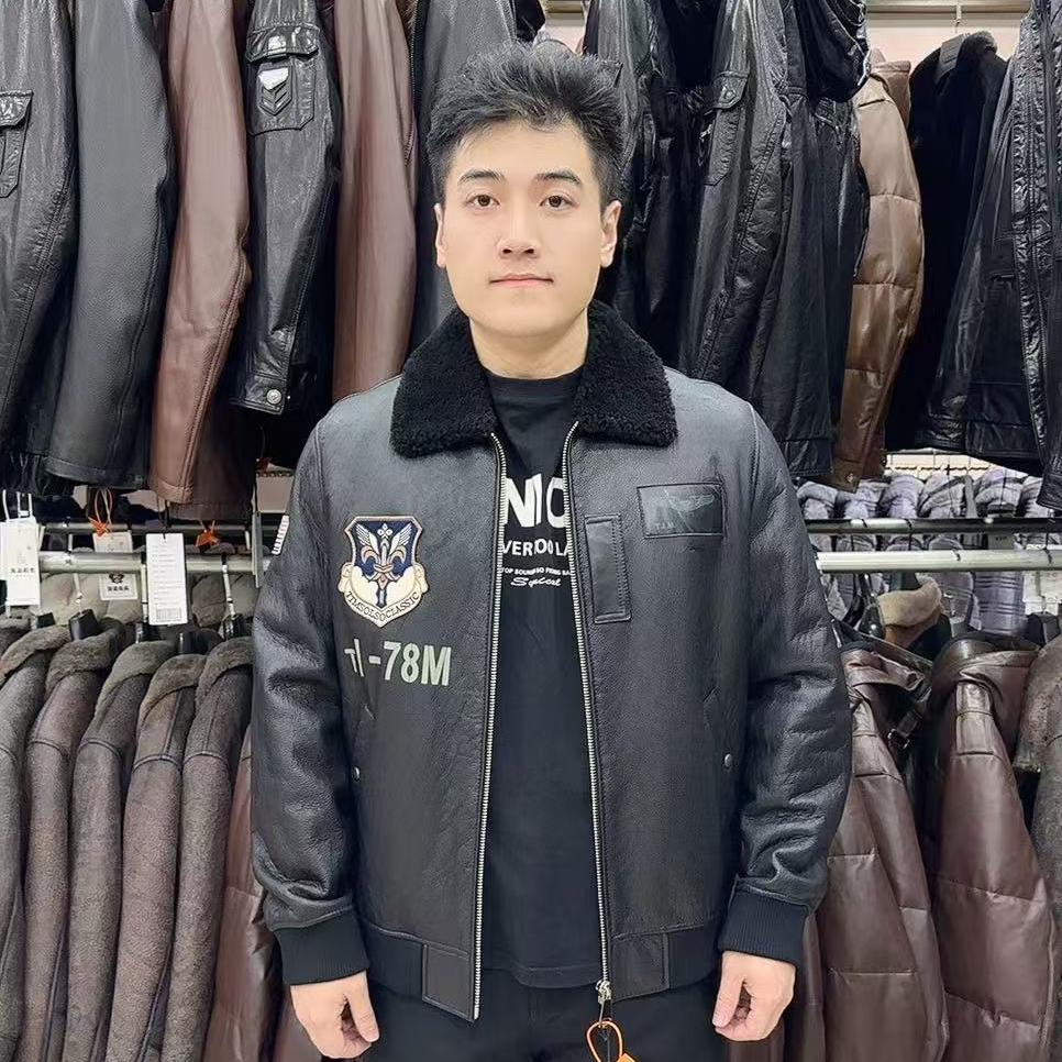 土耳其原生态原纹羊皮羊毛皮毛一体时尚男士飞行服夹克款