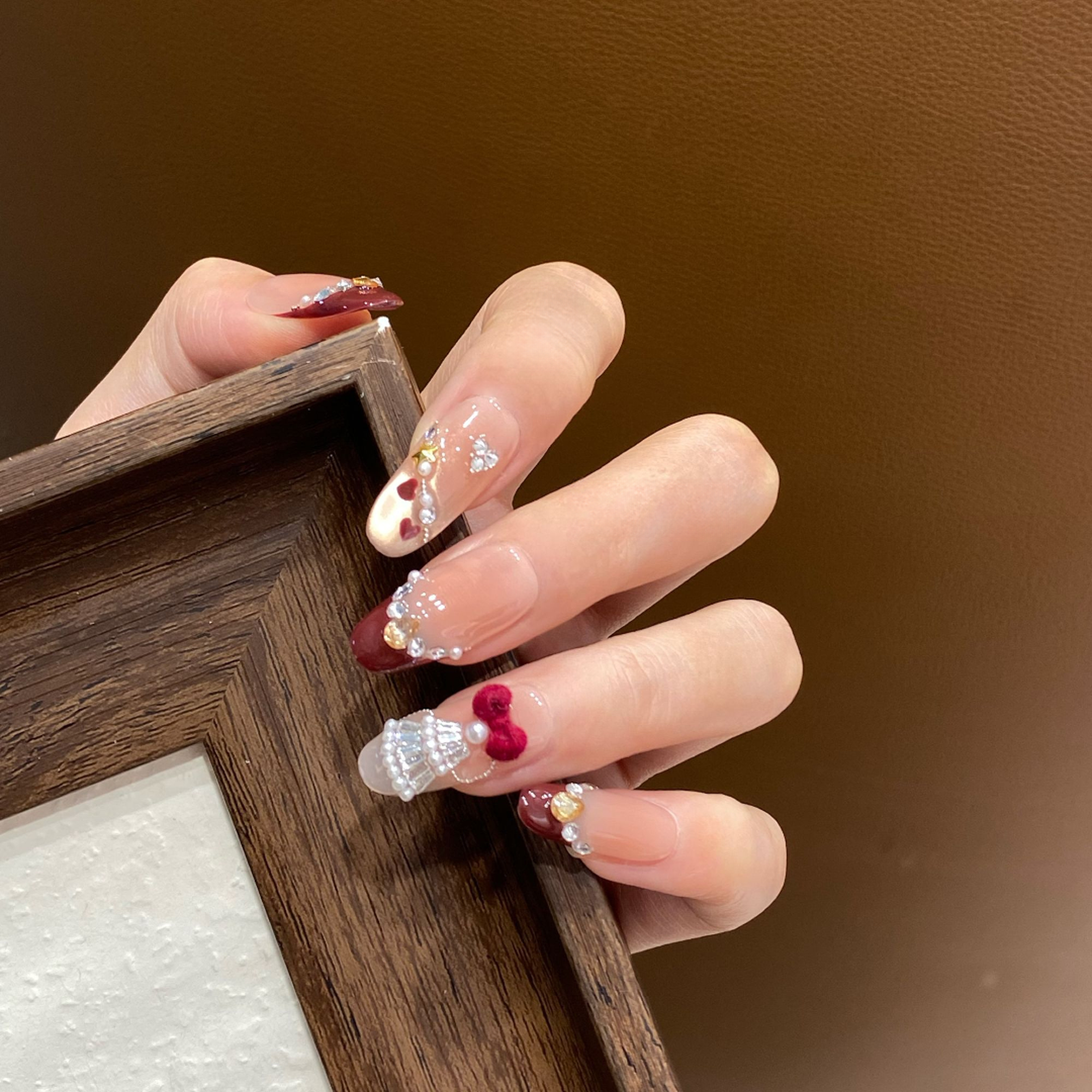 JDD【复古红丝绒】秋冬新款圣诞法式纯手工美甲穿戴甲片中长款显白 