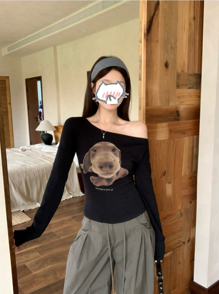 大码胖MM秋季新款美式复古小狗印花T恤修身显瘦辣妹上衣