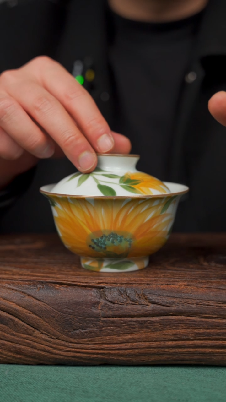 瓷片寻一缕瓷香杯釉下手工手绘瓷器 向日葵盖碗