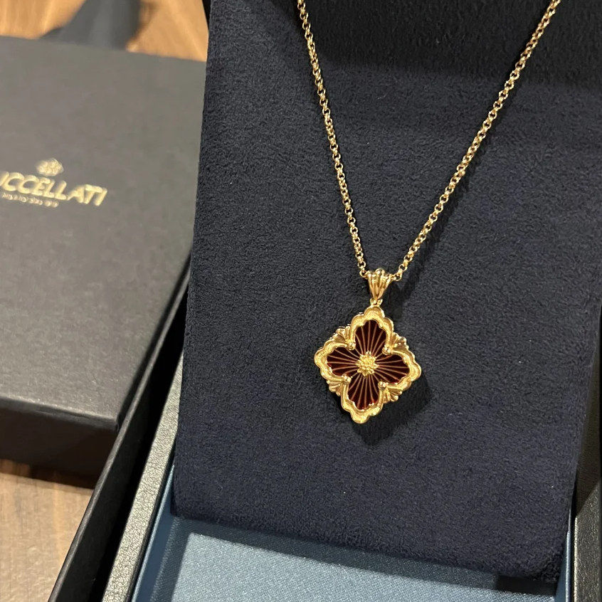未使用 BUCCELLATI/布契拉提 小花柳 红珐琅 大号 黄金 项链