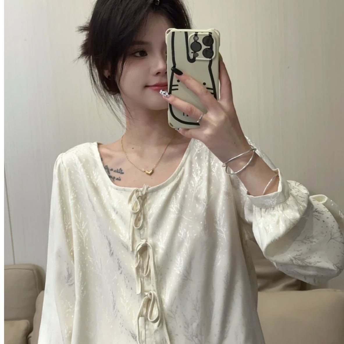 VINEEMAN【失约的雪】睡衣女春秋季国风中式软丝长袖宽松提花家居服