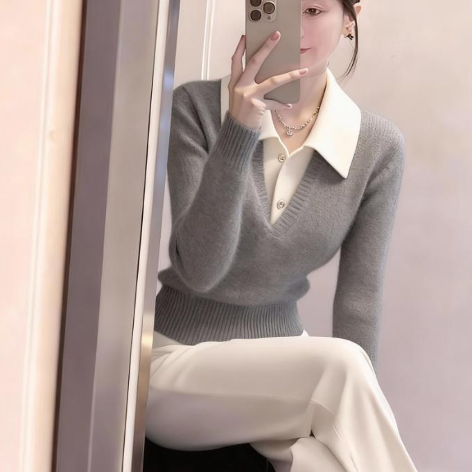 轻熟风韩系翻领针织衫女秋冬新款假两件软糯显瘦毛衣【阿琳爱穿搭】