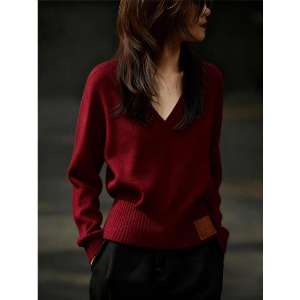 法式轻熟慵懒风V领显瘦毛衣女秋冬新款百搭宽松安可拉红长袖上衣