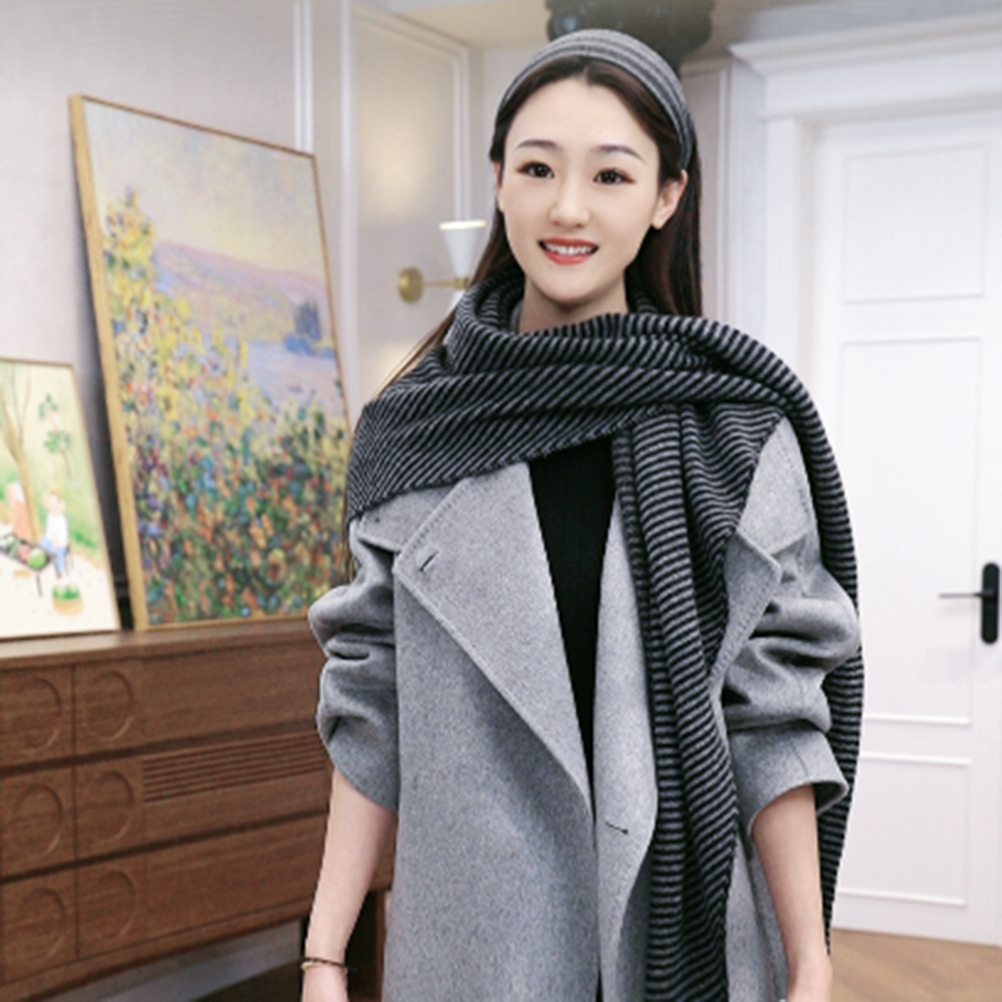 火桐hooton 黑灰夹花100山羊绒大三角巾YR255647