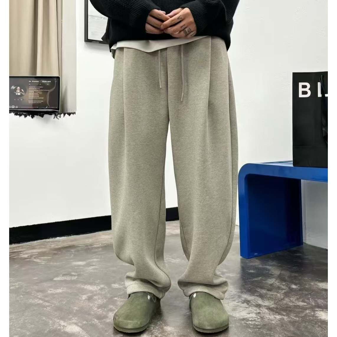 KULI2024冬季男生新款韩版垂感阔腿直筒裤百搭加绒加厚休闲裤