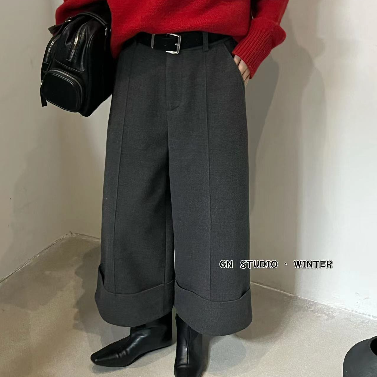冬季新款韩系简约加厚保暖复合绒百搭卷边宽松八分阔腿裤882689