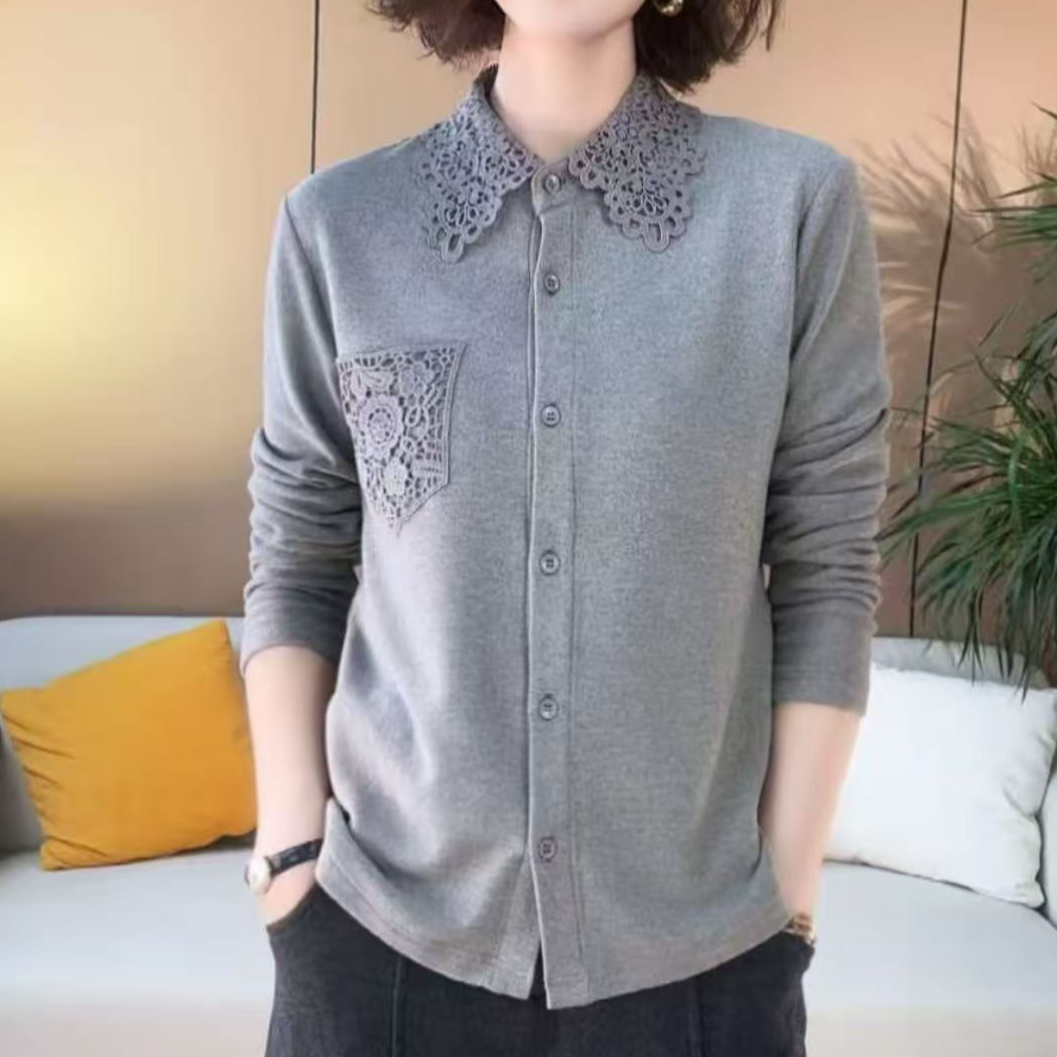 新款衬衣领衬衫口袋钩花双面奥绒保暖百搭显瘦休闲女士上衣 1016